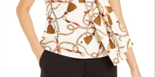 Bar III Women's Printed Tie Neck Top White Size L