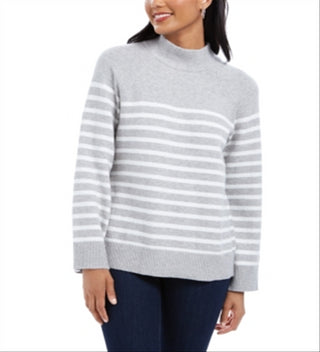Charter Club Women's Split Back Striped Mockneck Sweater Gray Size Petite L