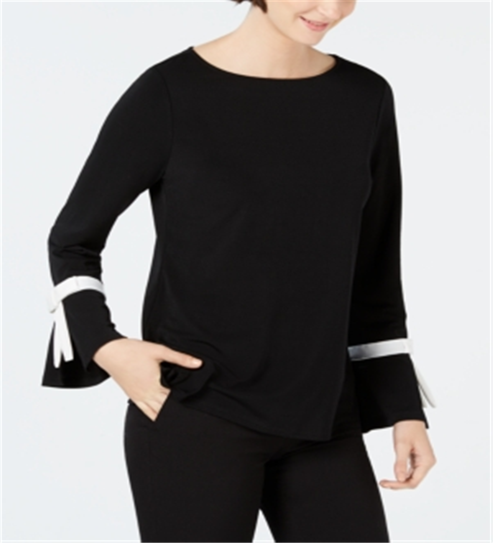 Charter Club Women's Tie Sleeve Crepe Top Black Size Small