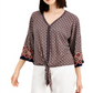 JM Collection Women's Abstract Print Tie Front Top Blue Size Small