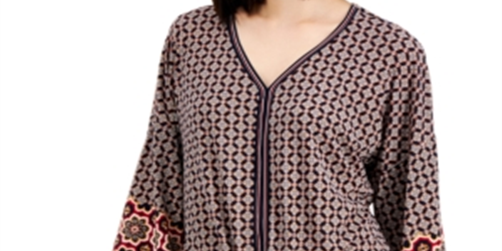 JM Collection Women's Abstract Print Tie Front Top Blue Size Small