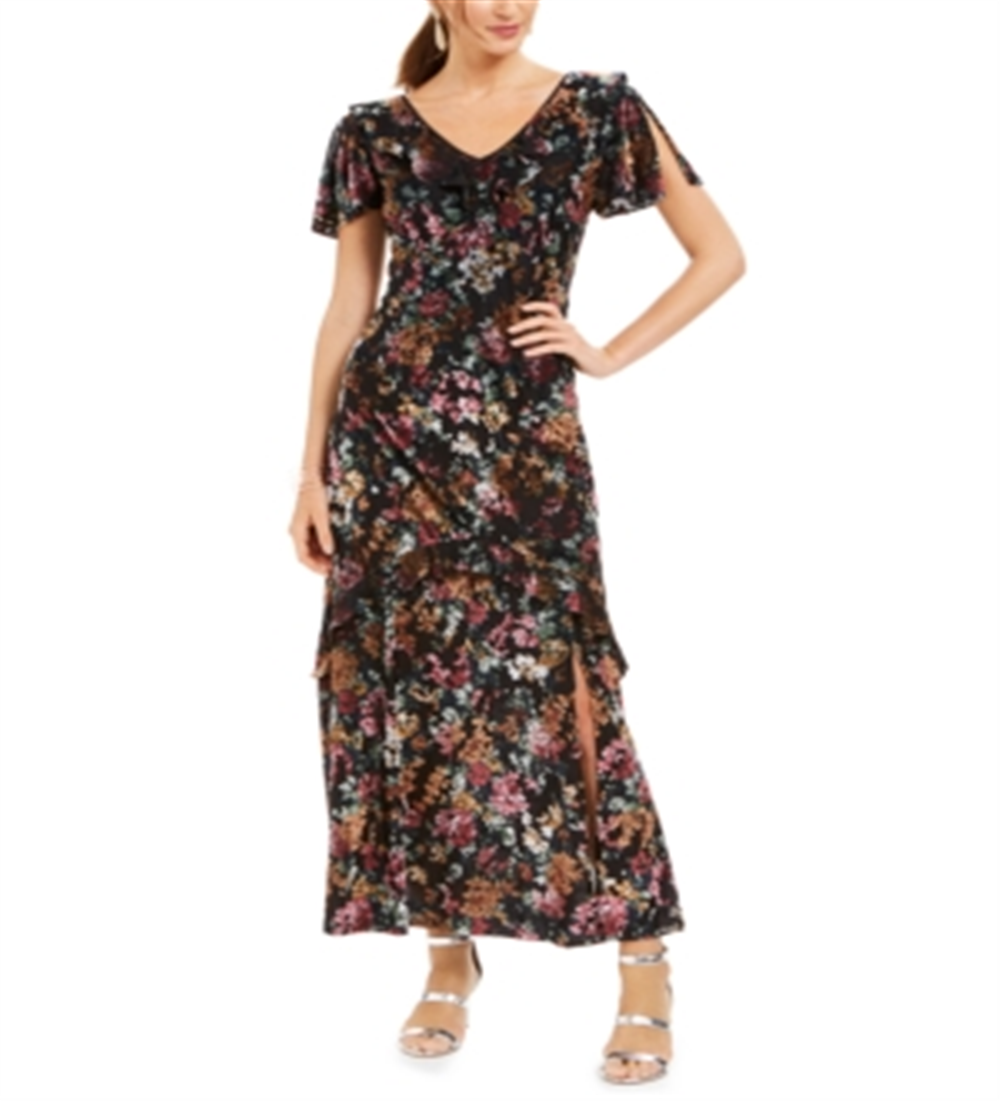 INC International Concepts Women's Floral Print Velvet Maxi Dress Black Size 16