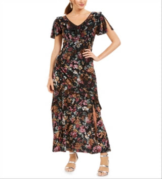 INC International Concepts Women's Floral Print Velvet Maxi Dress Black Size 16