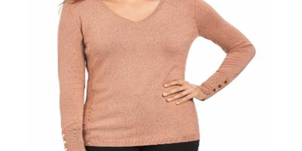 JM Collection Women's Metallic V Neck Sweater Pink Size Medium