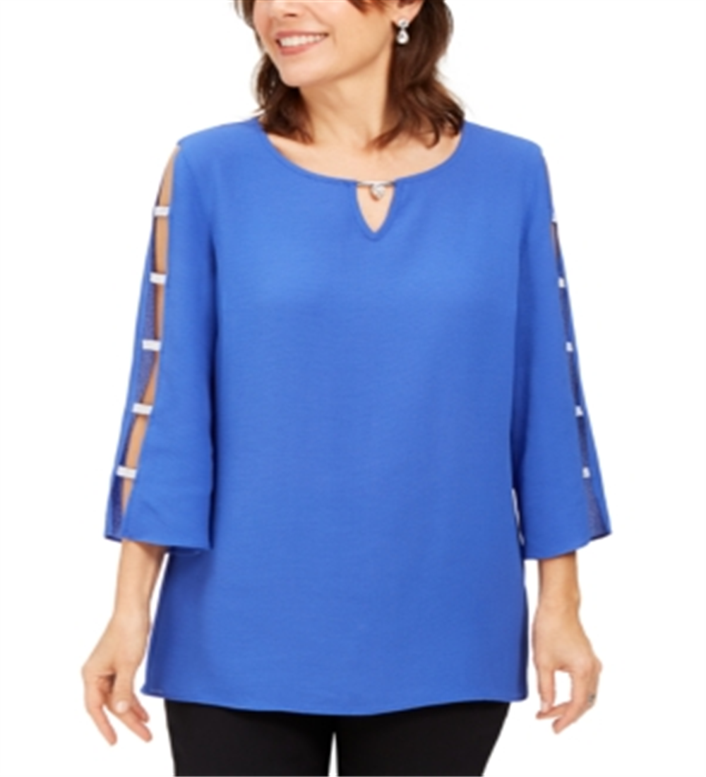 JM Collection Women's  Jeweled Neck Ladder-Sleeve Top Blue Size X-Small