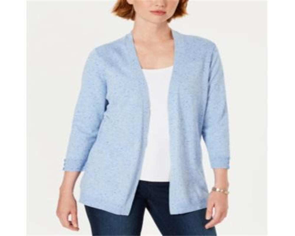 Karen Scott Women's Ribbed Yoke Cardigan Sweater Blue Size Small