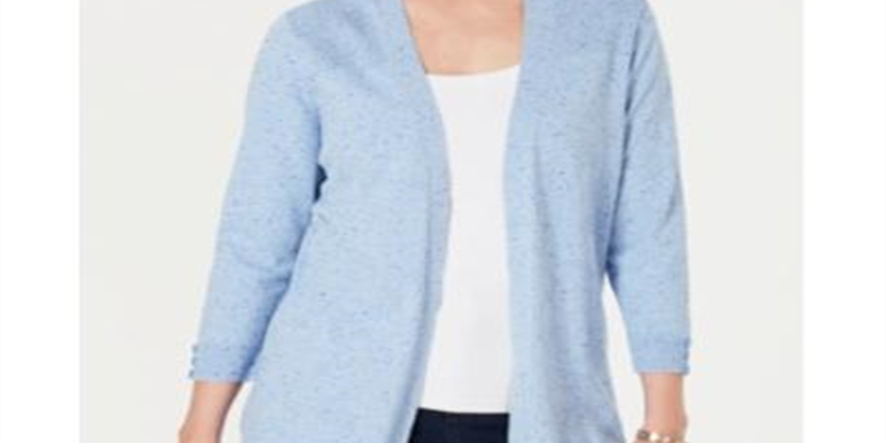 Karen Scott Women's Ribbed Yoke Cardigan Sweater Blue Size Small