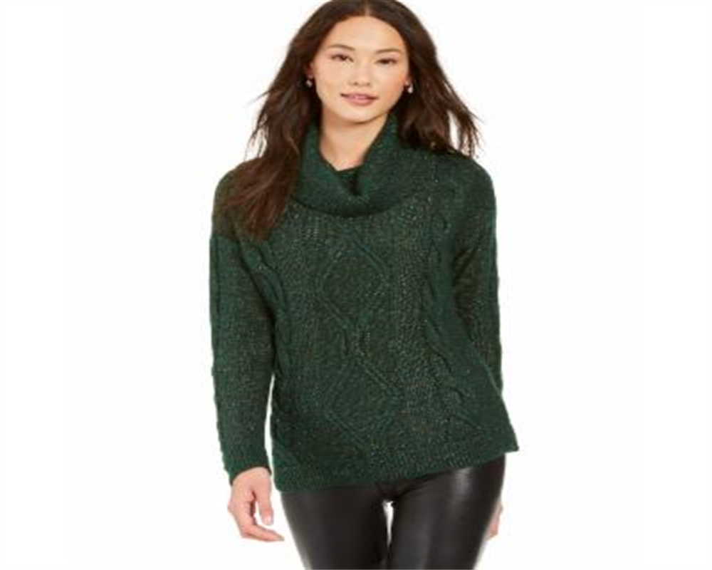 Charter Club Women's Cowl Neck Cable Knit Glitter Sweater Green Size X-Small