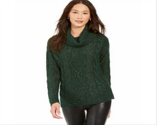 Charter Club Women's Cowl Neck Cable Knit Glitter Sweater Green Size X-Small