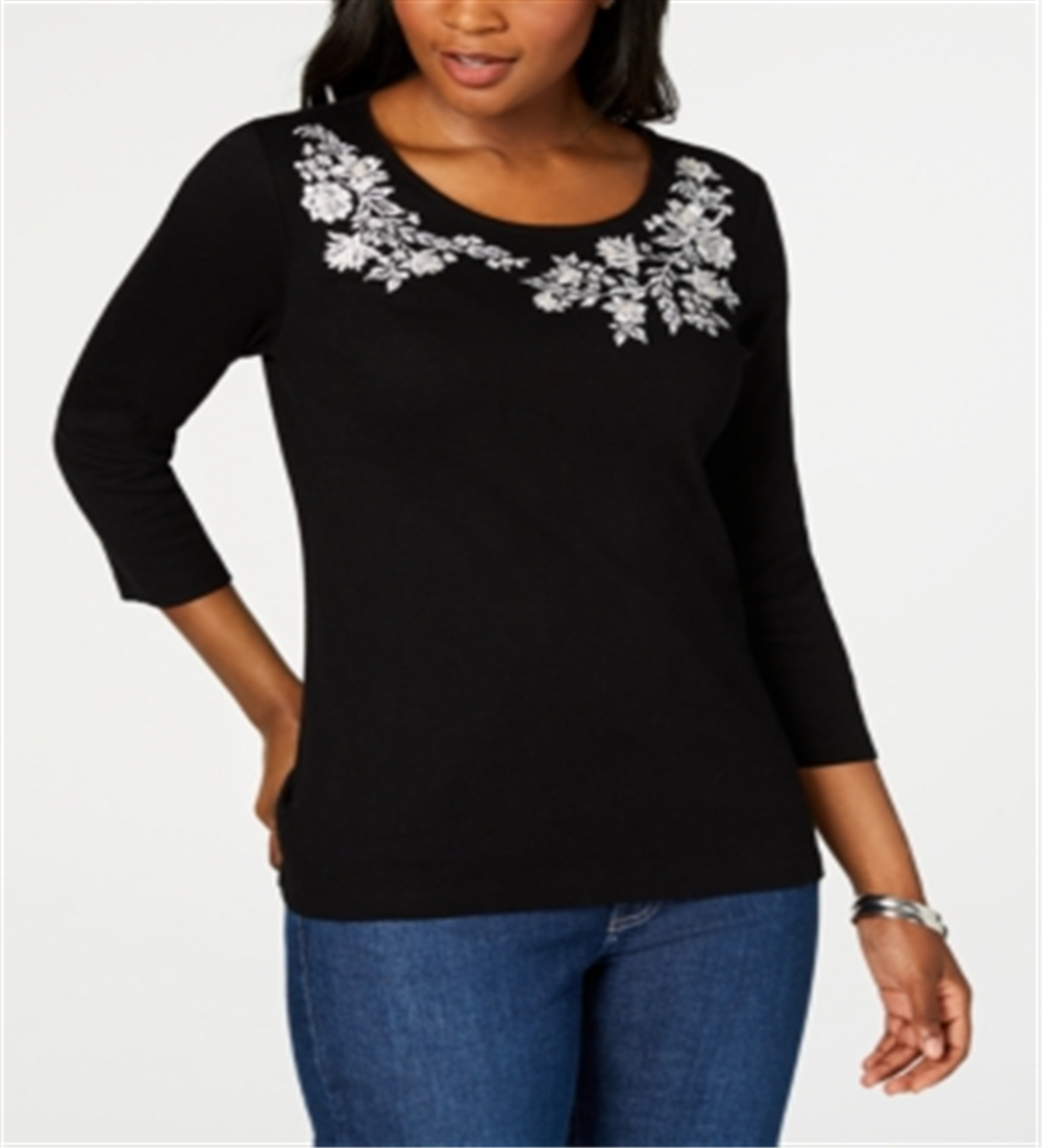 Karen Scott Women's Graphic T-Shirt Floral Jewel Neck Black Size Small
