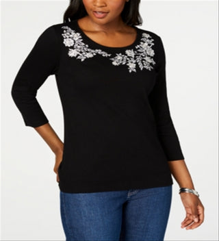 Karen Scott Women's Graphic T-Shirt Floral Jewel Neck Black Size Small