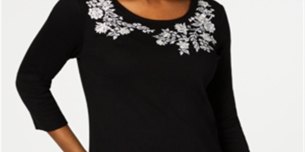Karen Scott Women's Graphic T-Shirt Floral Jewel Neck Black Size Small