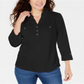 Karen Scott Women's 3/4 Sleeve Polo Shirt  Black Size Petite S