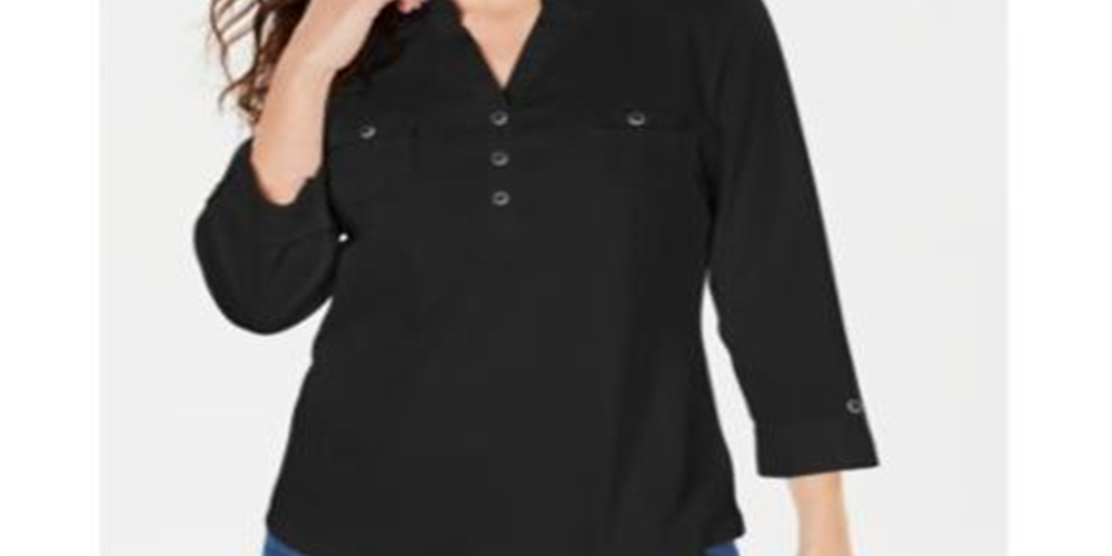 Karen Scott Women's 3/4 Sleeve Polo Shirt  Black Size Petite S