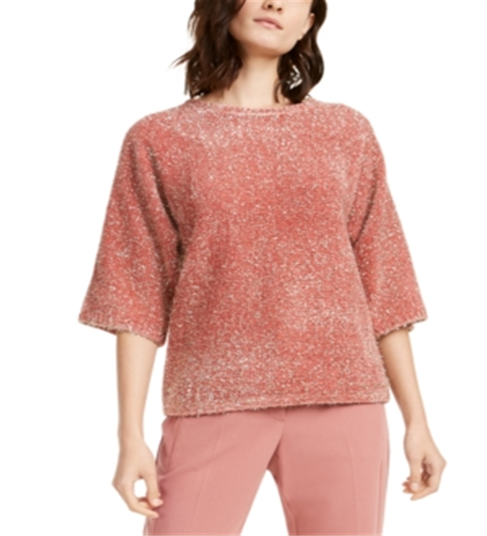 Alfani Women's Coral Embellished Eyelash Metallic 3/4 Sleeve Crew Neck Sweater Pink Size Small