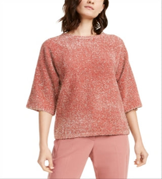 Alfani Women's Coral Embellished Eyelash Metallic 3/4 Sleeve Crew Neck Sweater Pink Size Small