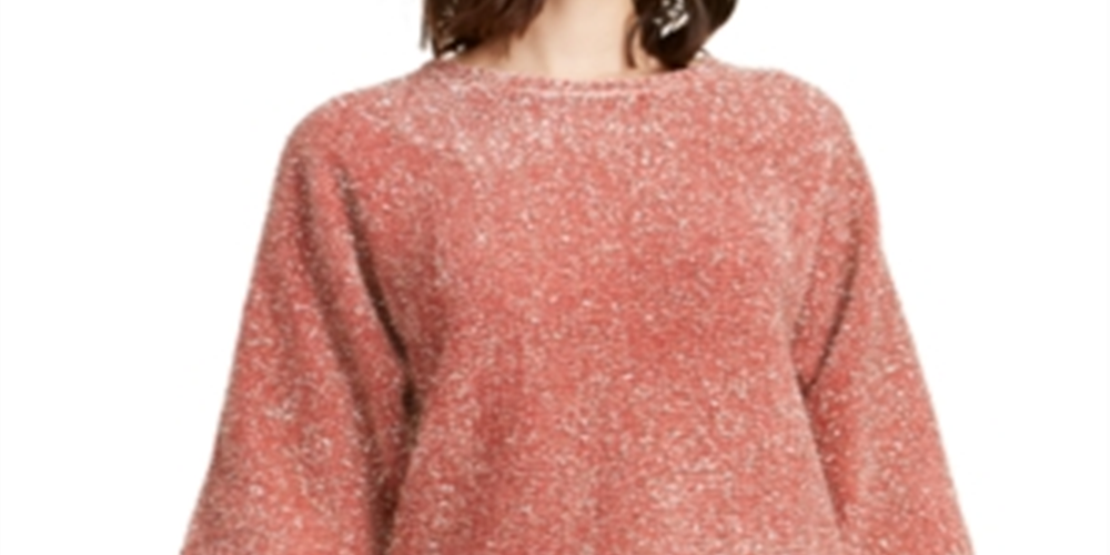 Alfani Women's Coral Embellished Eyelash Metallic 3/4 Sleeve Crew Neck Sweater Pink Size Small