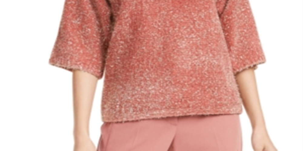 Alfani Women's Coral Embellished Eyelash Metallic 3/4 Sleeve Crew Neck Sweater Pink Size Small