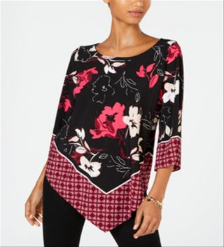 Alfani Women's V Hem Top Patched Border Black Size Petite L