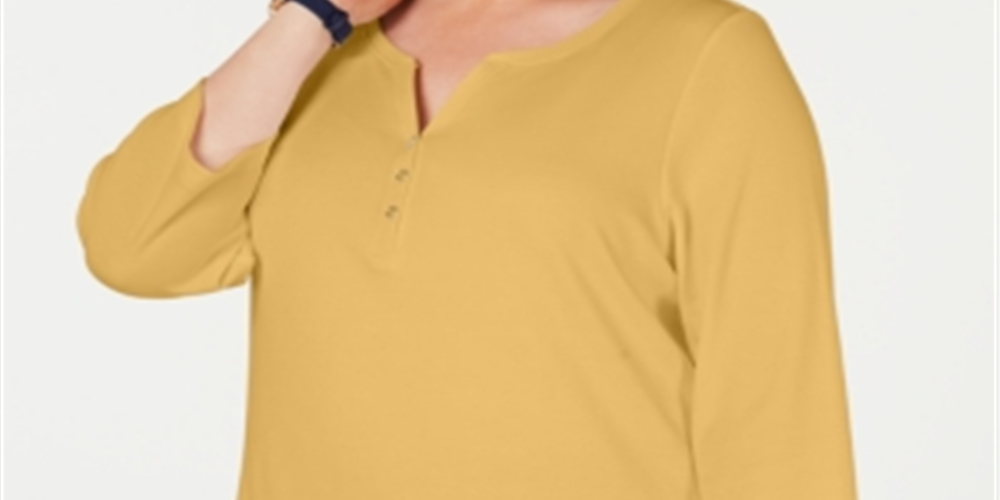 Karen Scott Women's Cotton Split Neck Top  Yellow Size 0X