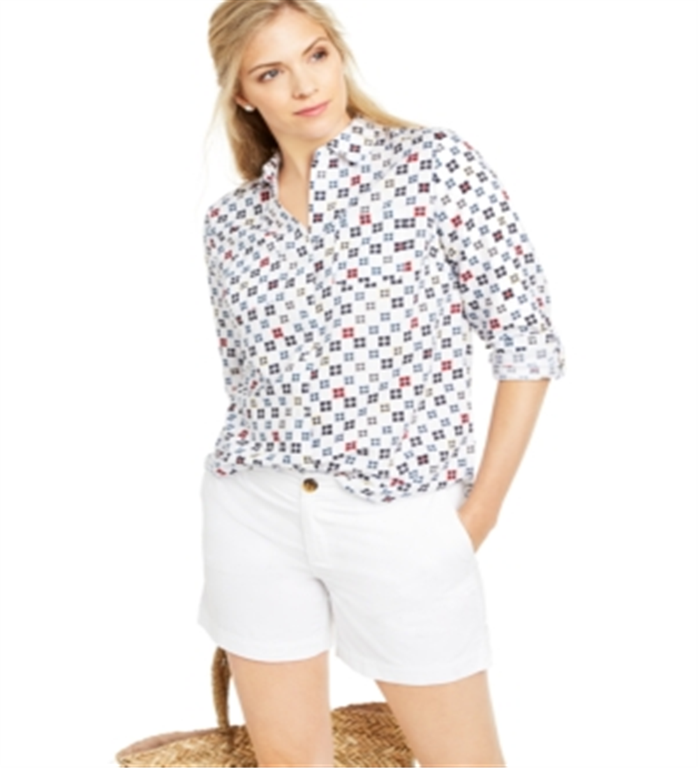 Charter Club Women's Printed Roll Tab Sleeve Linen Blend Top White Size Small