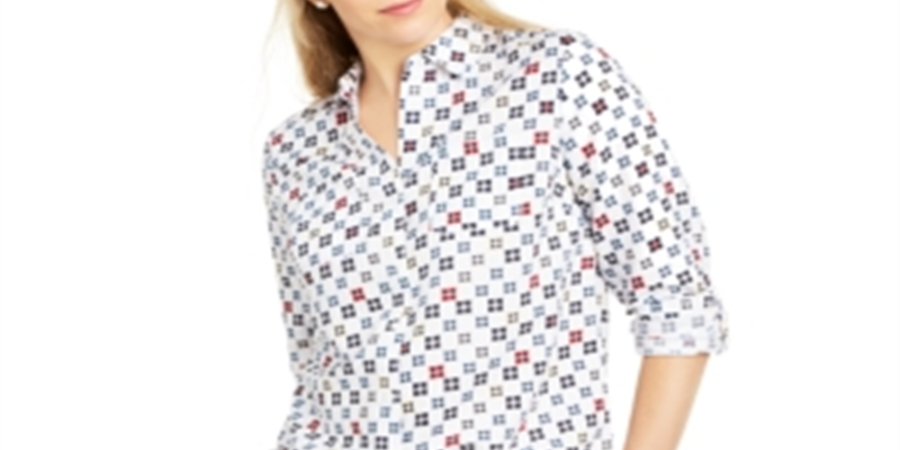 Charter Club Women's Printed Roll Tab Sleeve Linen Blend Top White Size Small