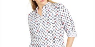 Charter Club Women's Printed Roll Tab Sleeve Linen Blend Top White Size Small