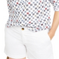 Charter Club Women's Printed Roll Tab Sleeve Linen Blend Top White Size Small