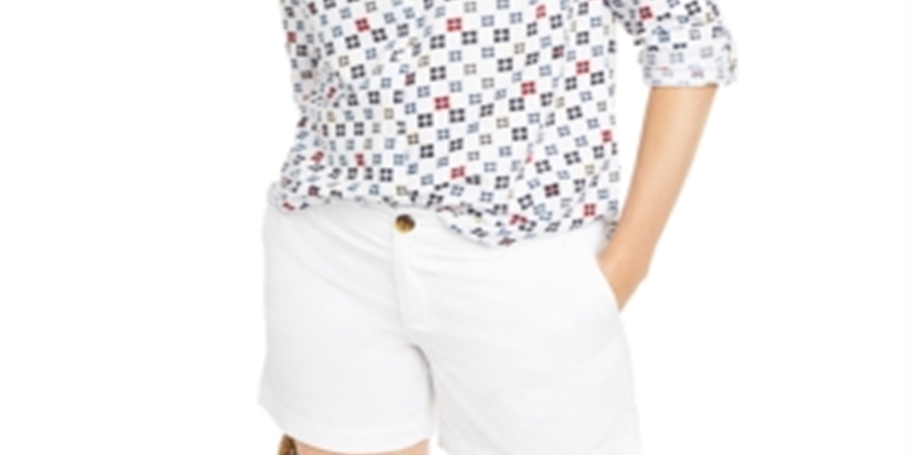 Charter Club Women's Printed Roll Tab Sleeve Linen Blend Top White Size Small