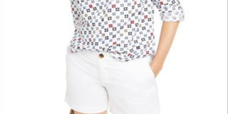 Charter Club Women's Printed Roll Tab Sleeve Linen Blend Top White Size Small