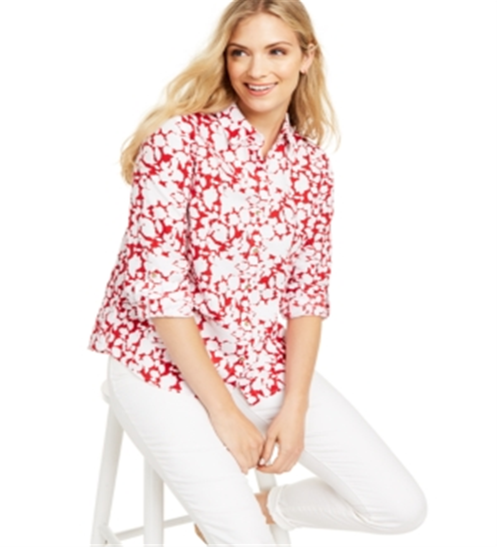 Charter Club Women's Printed Roll Sleeve Top Red Size Small