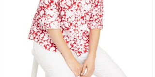 Charter Club Women's Printed Roll Sleeve Top Red Size Small