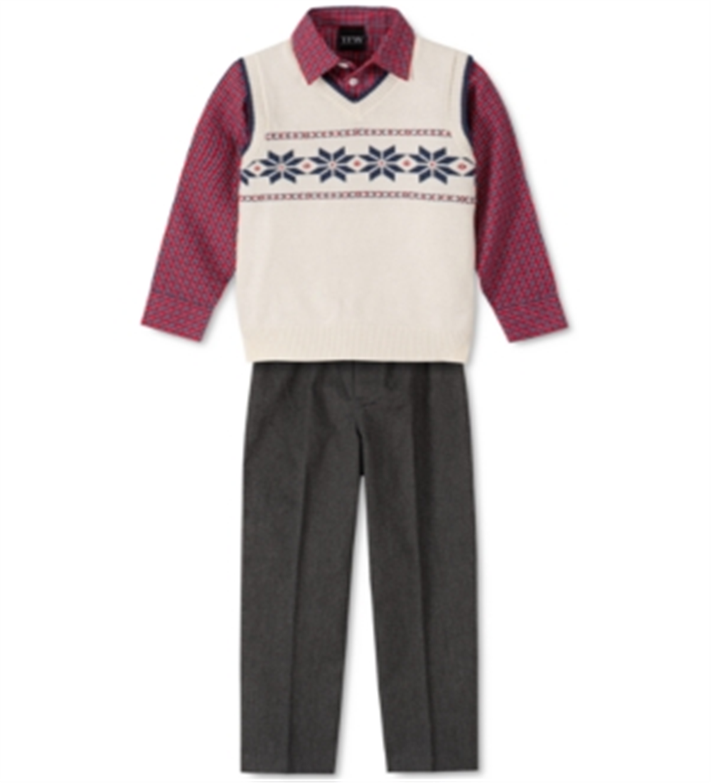 TFW Toddler Boy's 3 Pc Snowflake Vest Check Shirt & Pants Set Sweater White Size 4T
