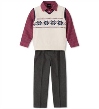 TFW Toddler Boy's 3 Pc Snowflake Vest Check Shirt & Pants Set Sweater White Size 4T