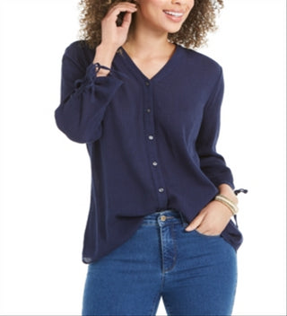 Charter Club Women's Gauzy Tie Sleeve Blouse  Blue Size X-Small
