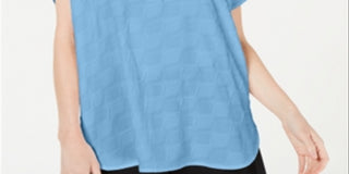 Alfani Women's Blouse Textured Split V Neck Blue Size Medium