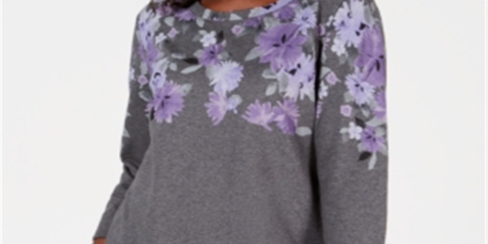 Karen Scott Women's Petite Printed 3/4-Sleeve Sweatshirt Gray Size Petite S/M
