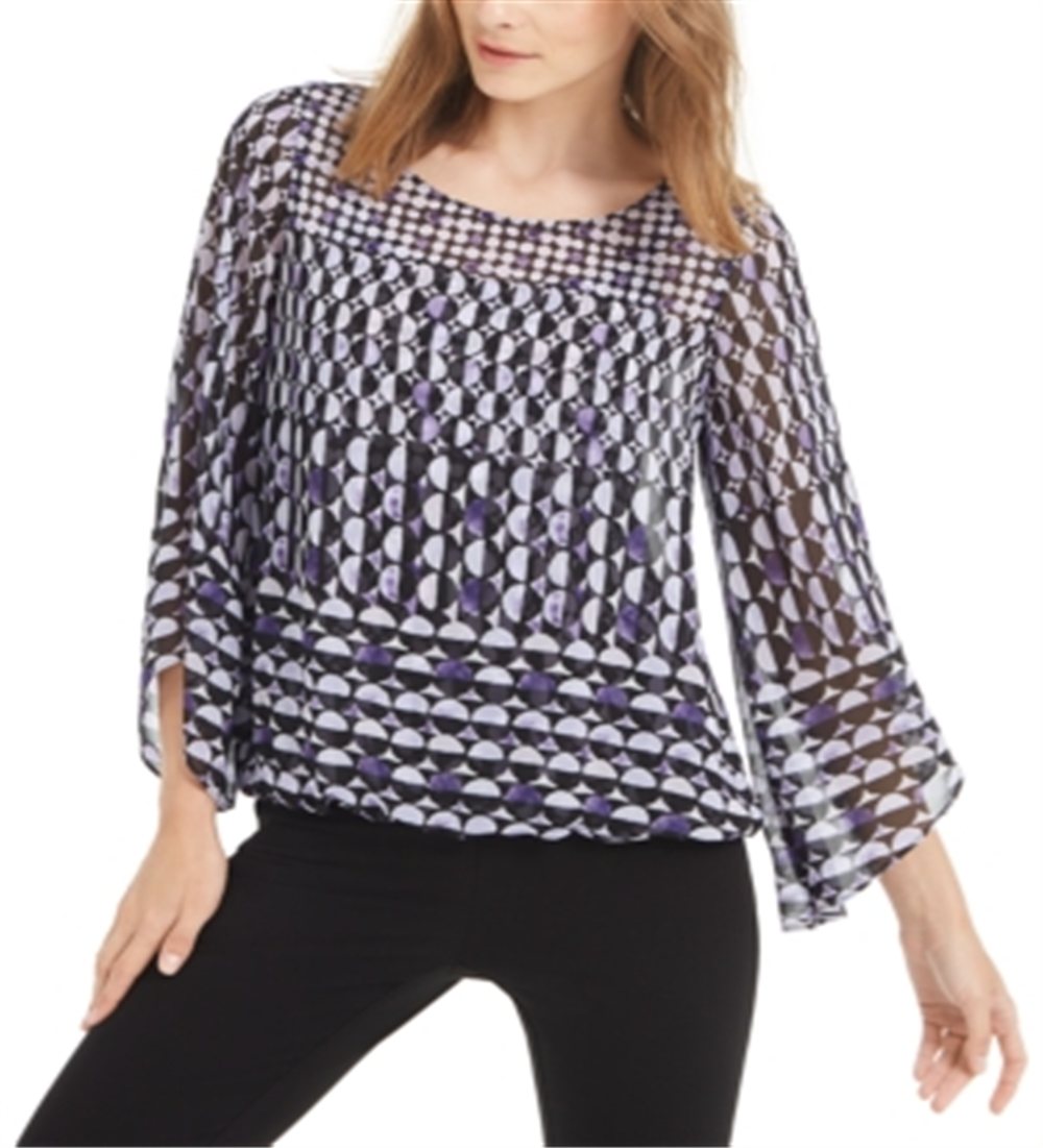 Alfani Women's Printed Bell Sleeve Jewel Neck Top Purple Size XX-Large