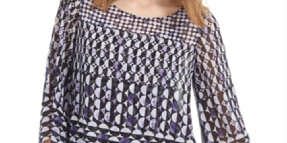 Alfani Women's Printed Bell Sleeve Jewel Neck Top Purple Size XX-Large