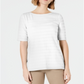 Charter Club Women's Cotton Texture-Striped Elbow-Sleeve Top White Size Large