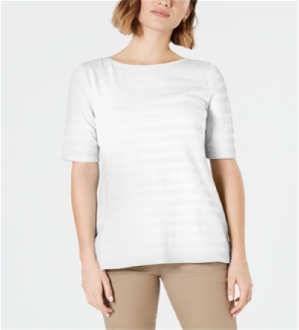 Charter Club Women's Cotton Texture-Striped Elbow-Sleeve Top White Size Large