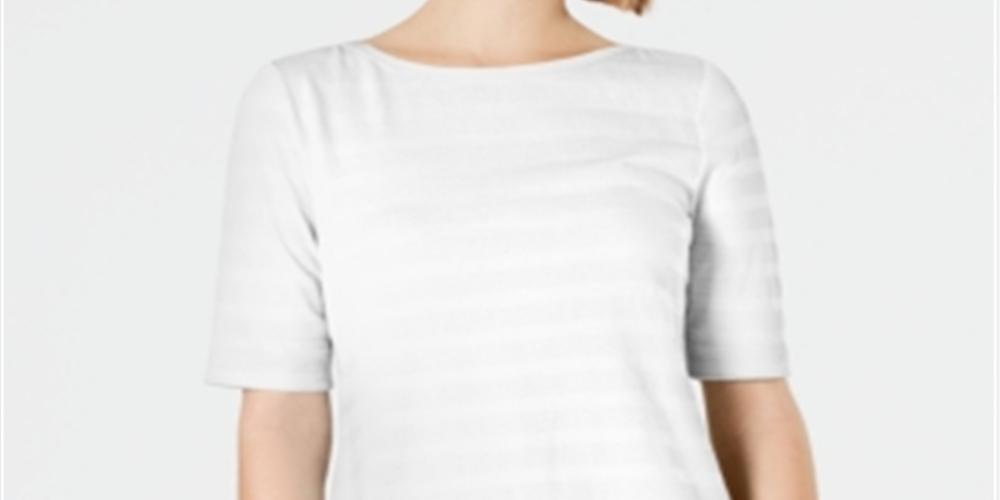 Charter Club Women's Cotton Texture-Striped Elbow-Sleeve Top White Size Large
