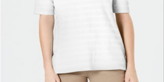 Charter Club Women's Cotton Texture-Striped Elbow-Sleeve Top White Size Large