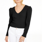 INC International Concepts Petite Puff-Shoulder Ribbed Top Black Size Petite L