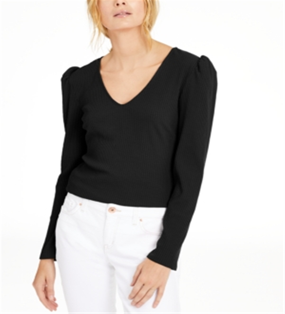 INC International Concepts Petite Puff-Shoulder Ribbed Top Black Size Petite L