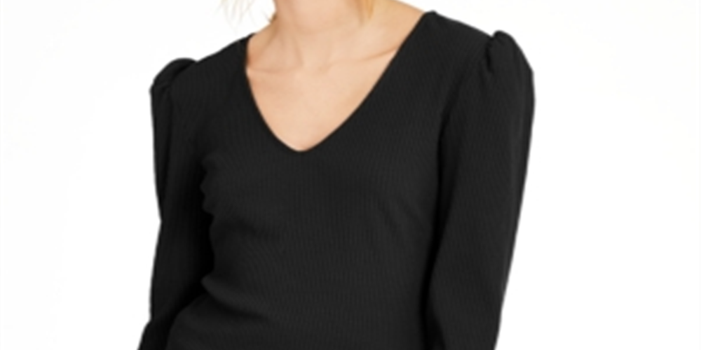 INC International Concepts Petite Puff-Shoulder Ribbed Top Black Size Petite L