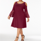 R & M Richards Women's Cold Shoulder Bell Sleeve Jewel Neck Above the Knee Party a-Line Dress Plus Wine Size 16W