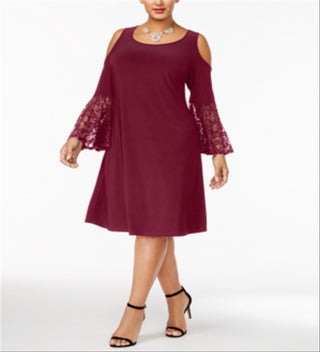 R & M Richards Women's Cold Shoulder Bell Sleeve Jewel Neck Above the Knee Party a-Line Dress Plus Wine Size 16W