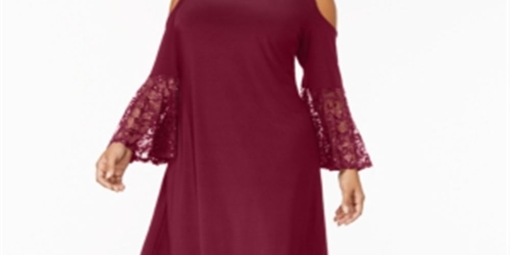 R & M Richards Women's Cold Shoulder Bell Sleeve Jewel Neck Above the Knee Party a-Line Dress Plus Wine Size 16W