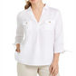 Charter Club Women's Woven Drawstring Tie-Cuff Top White Size Large